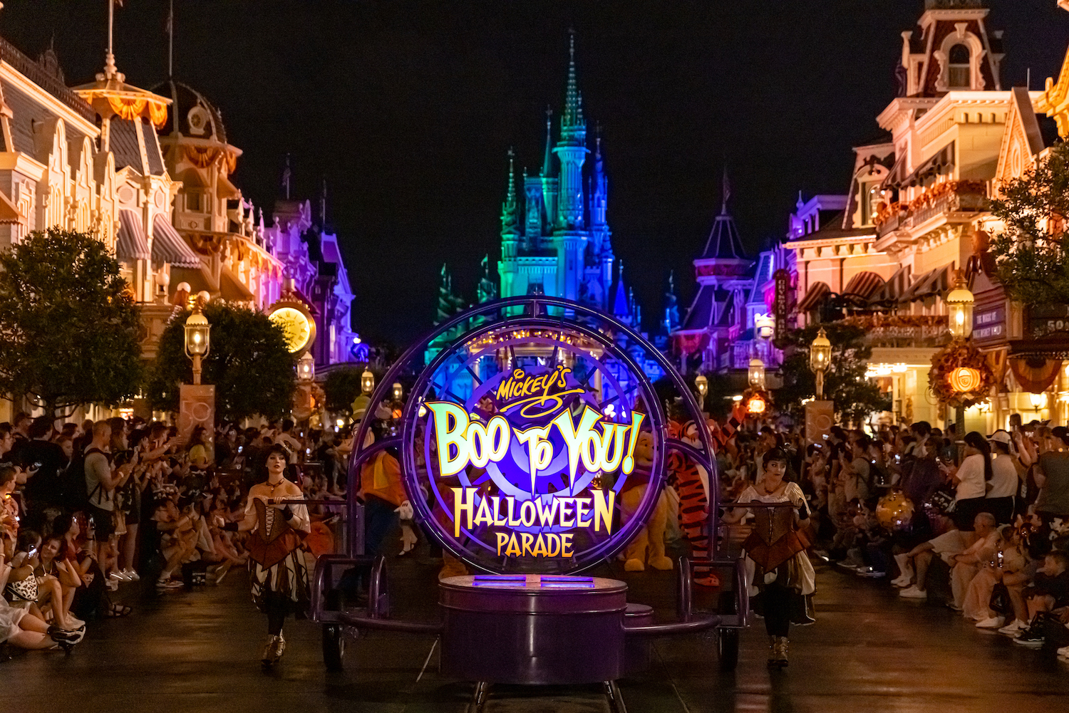 Cinderella Castle decorated for Mickey's Not So Scary Halloween Party at Magic Kingdom