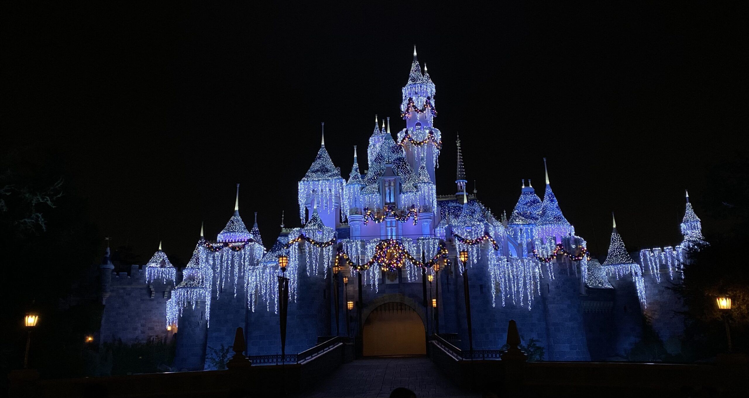 Disneyland Christmas castle night time with lights decoration